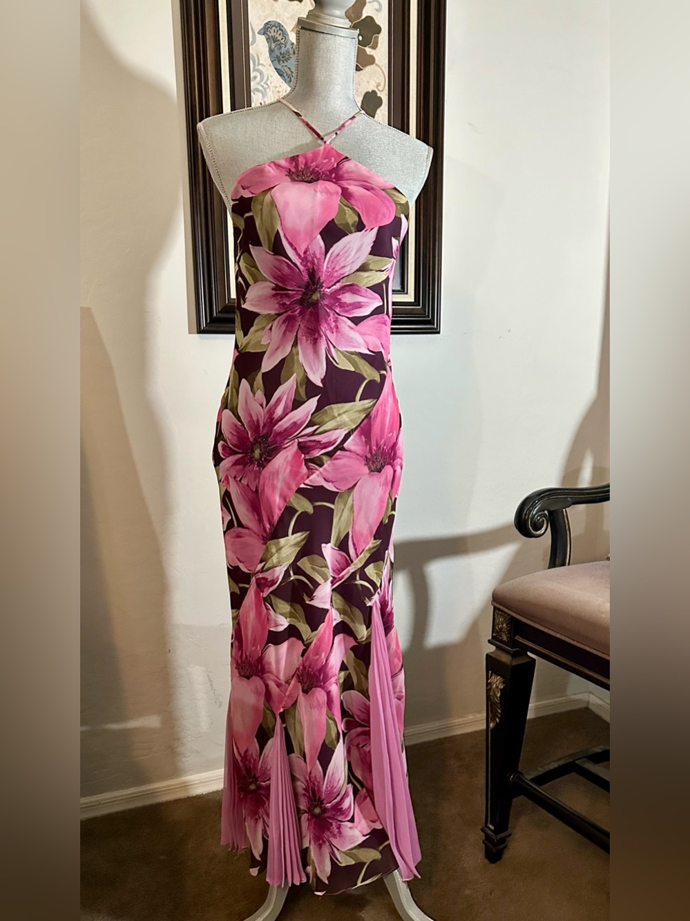 Pink Floral Halter Maxi Dress - Elegant Women's Dress